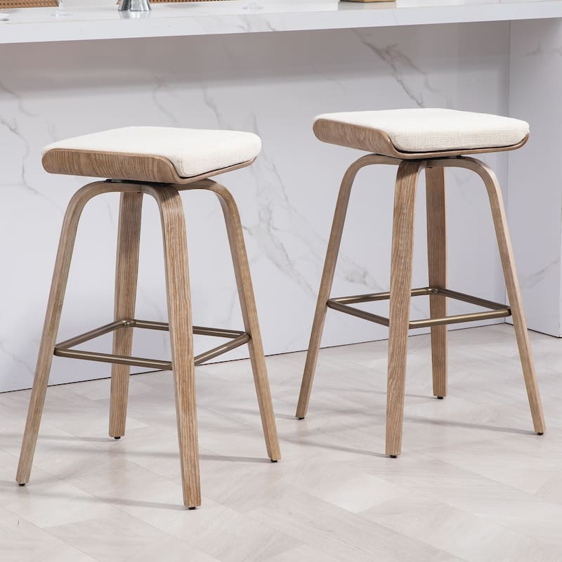 Set of 2 Beatrix Beige Woven Fabric Bar Stool with Natural Wood Legs