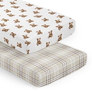 Sweet Jojo Designs Boho Teddy Bear Boy, Girl, Gender Neutral 2 Pack Fitted Crib Sheets -Taupe Plaid & Brown, Watercolor, Classic