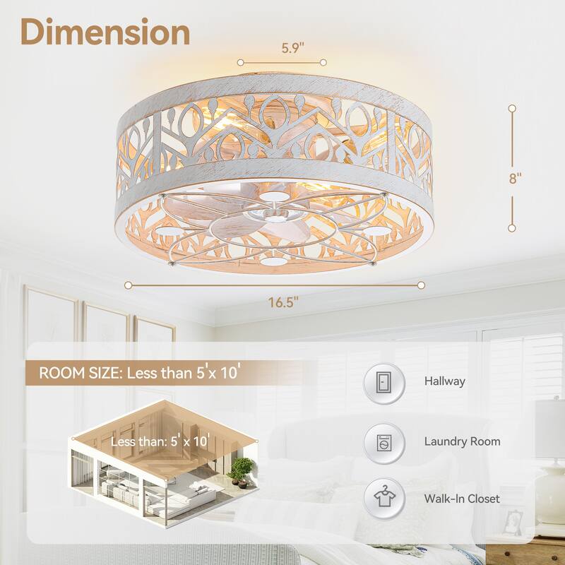 16.5in Vintage Distressed White Flush Mount Caged Ceiling Fan with Remote Light(7-Blade)