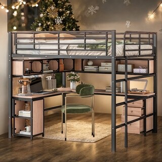 Modern Full Size Metal Loft Bed with Bookcase,Desk and Cabinet and Storage Functions For Bedroom