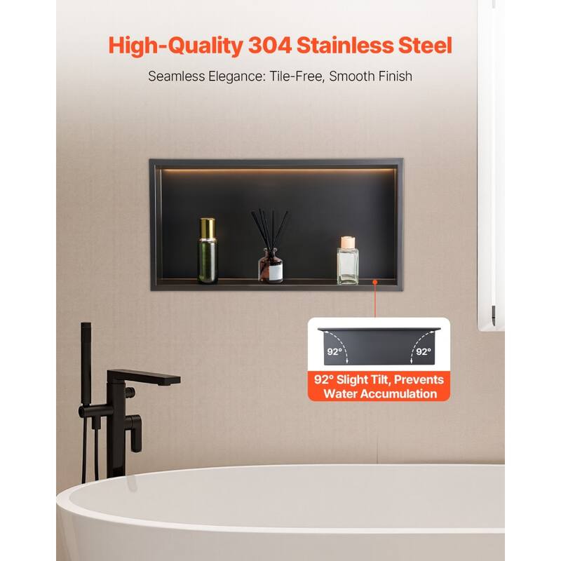 Black Stainless Steel Shower Niche with Waterproof Seamless Design and 3000K LED Light - 4 x 13 x 25 inches