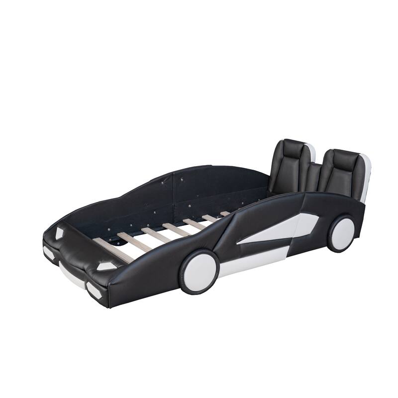 Twin PU Leather Race Car Bed with Guardrail & Car Seat Headboard