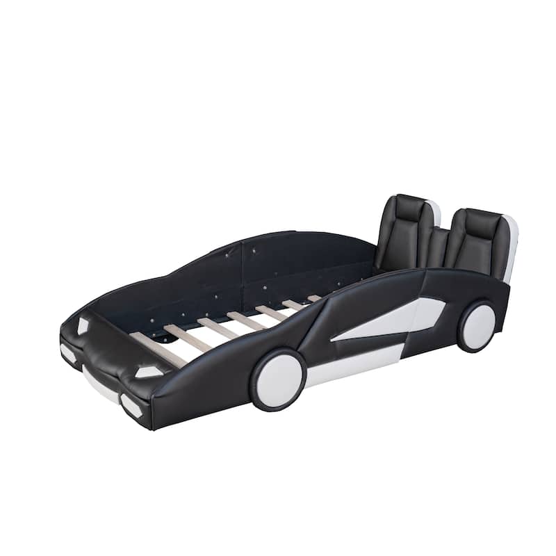 Twin Size Race Car-Shaped Upholstered Bed with 4 Wheels and Backrest, PU Leather Kids Bed Frame with Solid Pine Slat Support