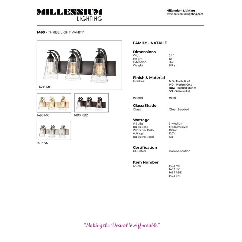 Millennium Lighting Natalie 3 Light Bathroom Vanity Fixture with Clear Seeded Glass Shades
