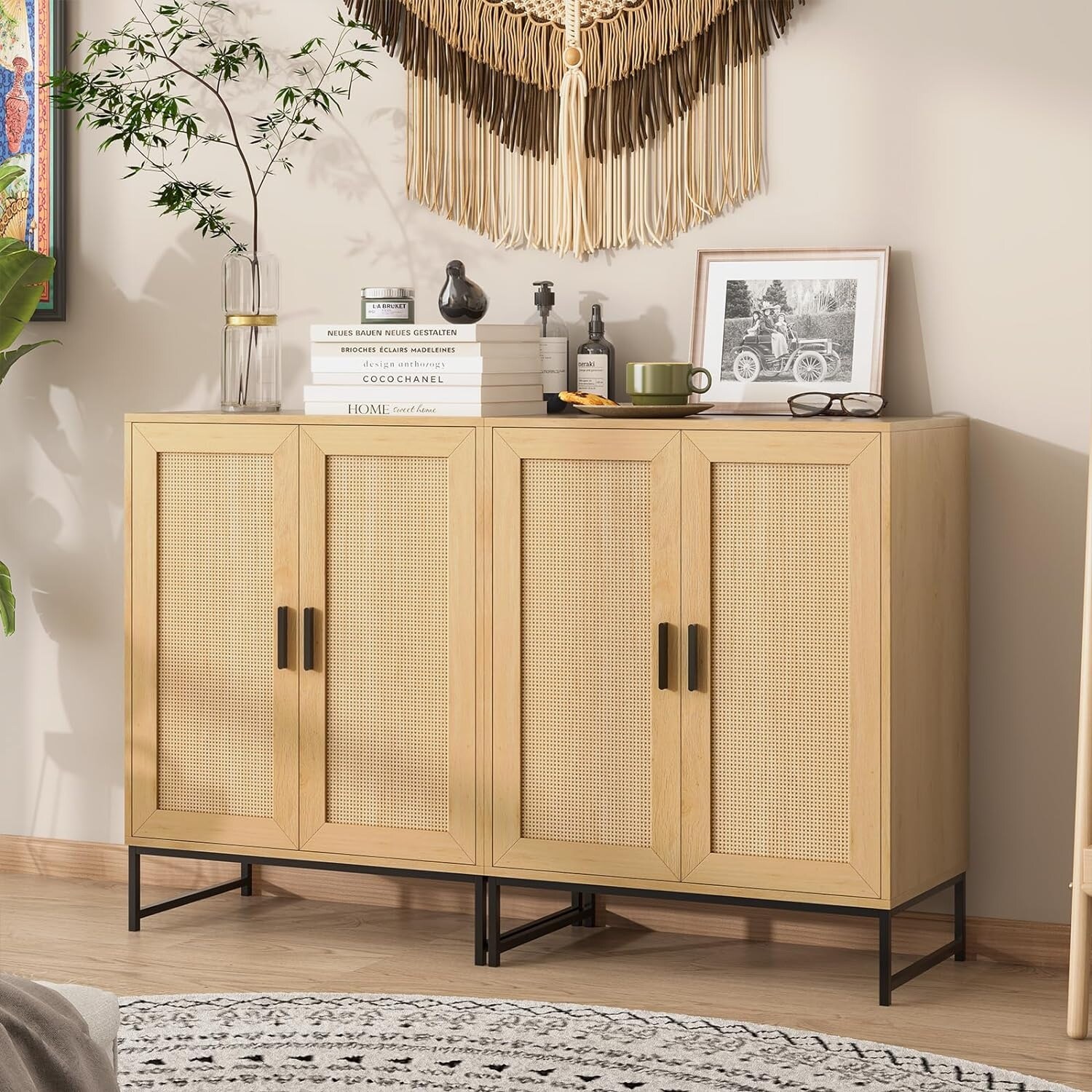 Buffet Cabinet with Storage Rattan Storage Cabinet Boho Sideboard