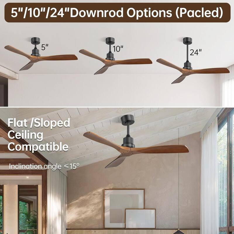 52''/60" Large Ceiling Fan without Lights, Remote Control and Reversible Motor Included, 3 Wood Blades