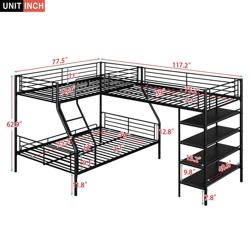 Black Twin & Full Size L-Shaped Metal Triple Bunk Bed with Loft, 4 Built-in Shelves, Full-Length Guardrails