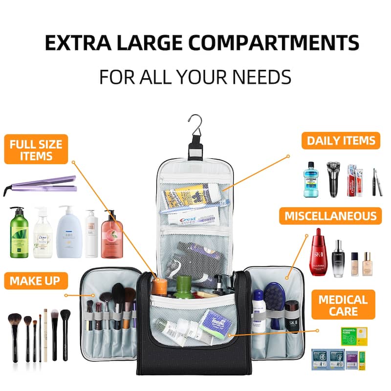 Extra Large Hanging Toiletry Bag for Travel & Daily Use, Water-Resistant Dopp Kit for Makeup, Shaving, Toiletries