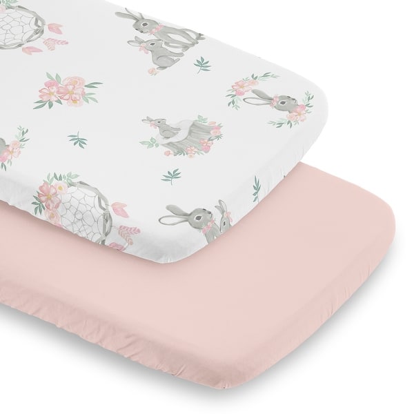 slide 2 of 6, Sweet Jojo Designs Woodland Bunny Floral Girl 2 Pack Baby Bassinet Fitted Sheets - Solid Pink & Shabby Chic, Boho, Rose, Flower