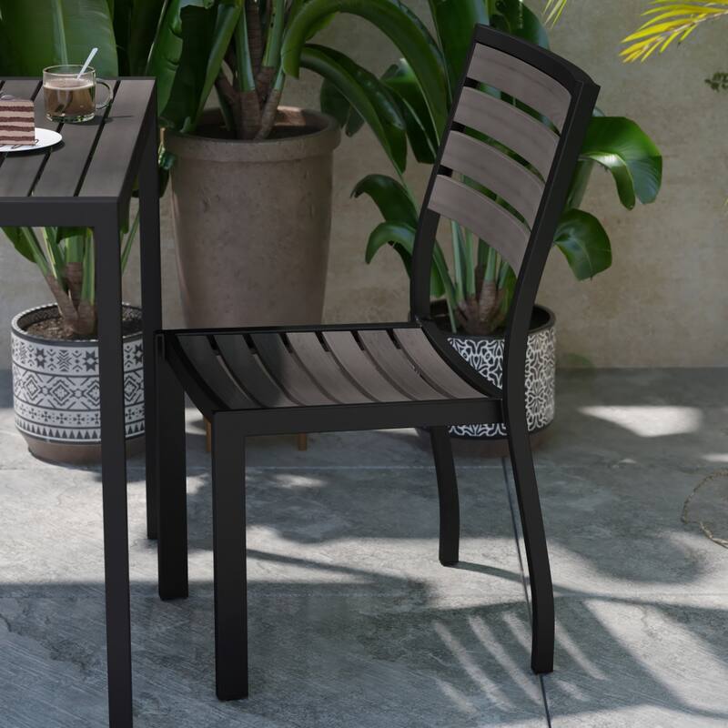 2 Pack Outdoor Faux Teak Side Chair with Poly Slats - Teak Patio Chair