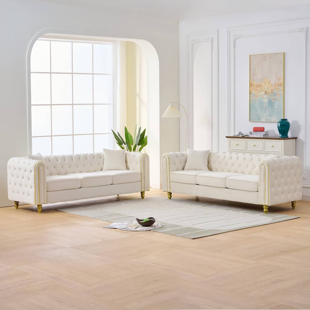 Roomfitters Two 86" Modern Upholstered Tuxedo Chesterfield Sofa Set with Gold Trim, Button Back 2-Piece Couch Set