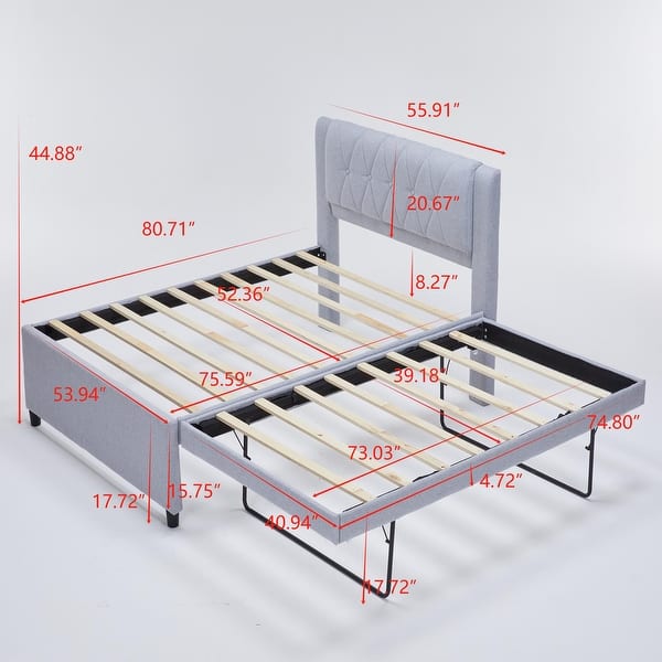 Full Size Upholstered Platform Bed with Adjustable Trundle, Modern Linen Headboard