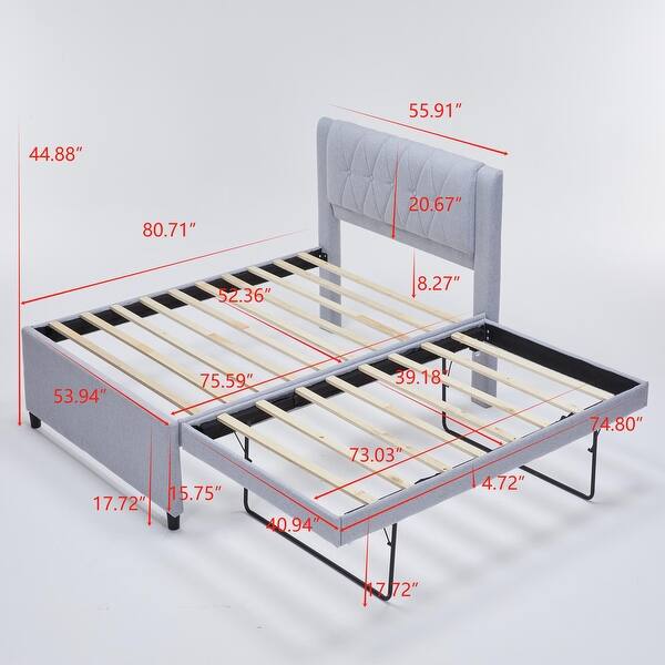 Full Size Upholstered Platform Bed with Adjustable Trundle and Convertible to Twin Bed, Linen Headboard & No Box Spring Needed