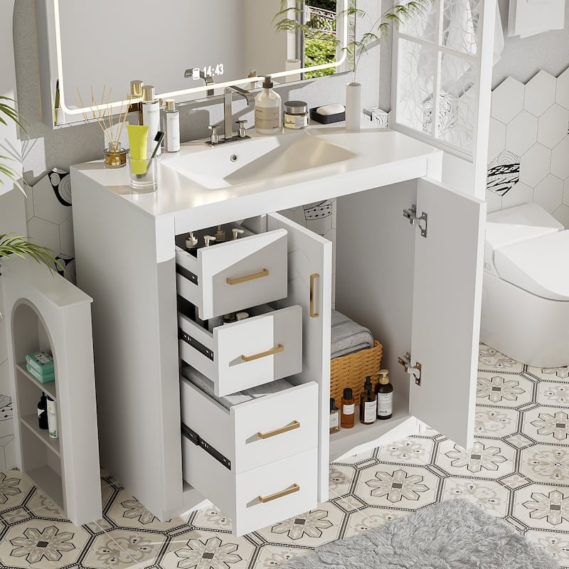 36" Bathroom Vanity with Ceramic Sink - Solid Wood, 3 Soft-Close Drawers, Freestanding