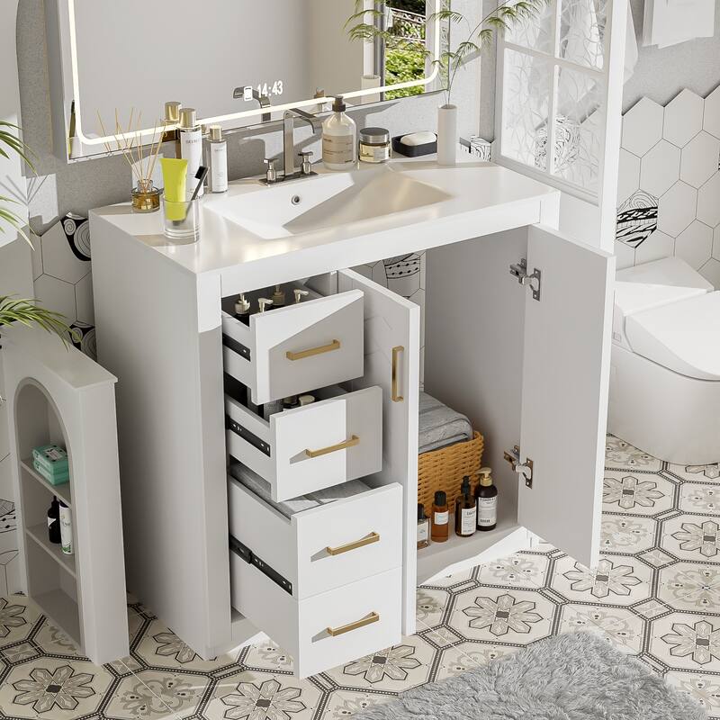 36'' Bathroom Vanity with Ceramic Sink Combo, Solid Wood Frame Bathroom Storage Cabinet with 3 Drawers& Soft Closing Doors