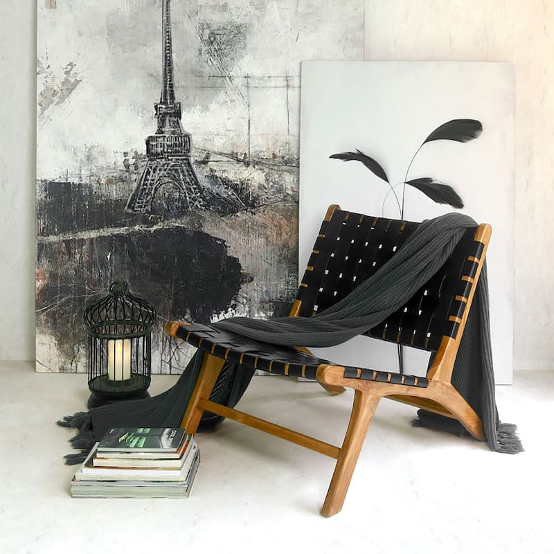 Brisot Square Weave Leather on Teak Wood Lounge Chair