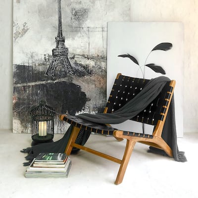 Brisot Square Weave Leather on Teak Wood Lounge Chair
