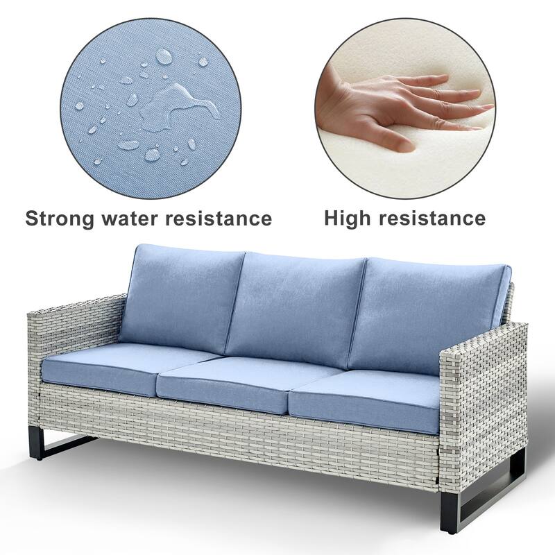 3 Pieces Outdoor Wicker Sofa with Ottomans Light Grey - Baby Blue - Light Grey