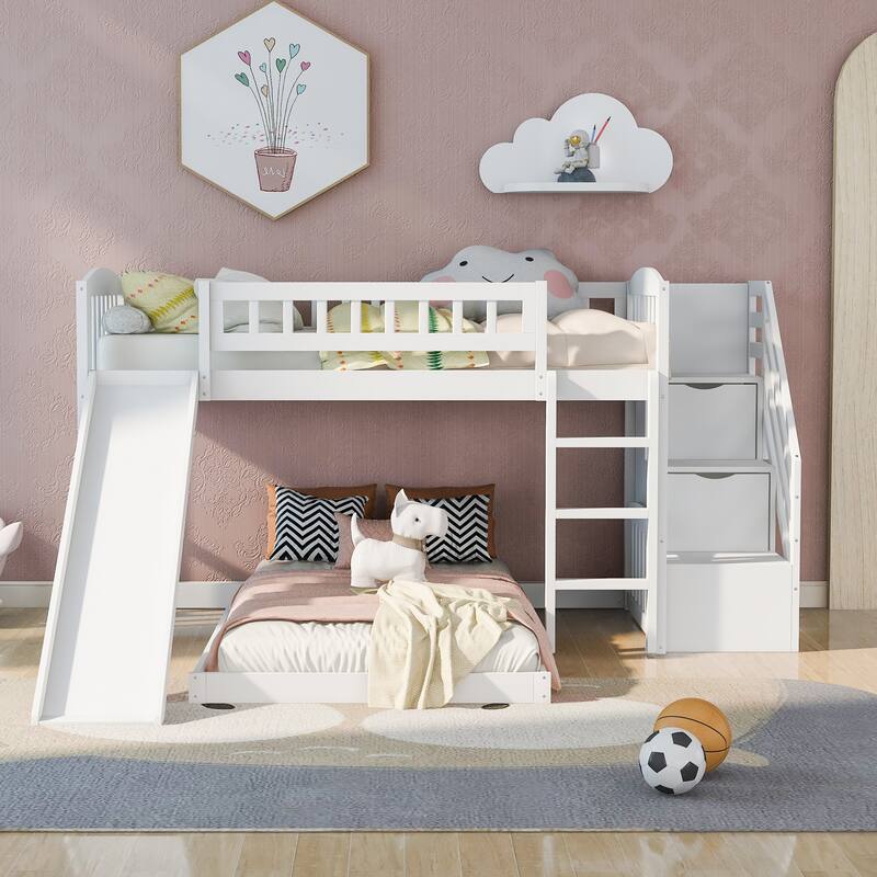 Twin Over Twin Low Bunk Bed with Slide and Stairs Storage, Wooden L-Shaped Bunkbed Frame for Kids/Teens/Adults Bedroom Dorm - White - Twin