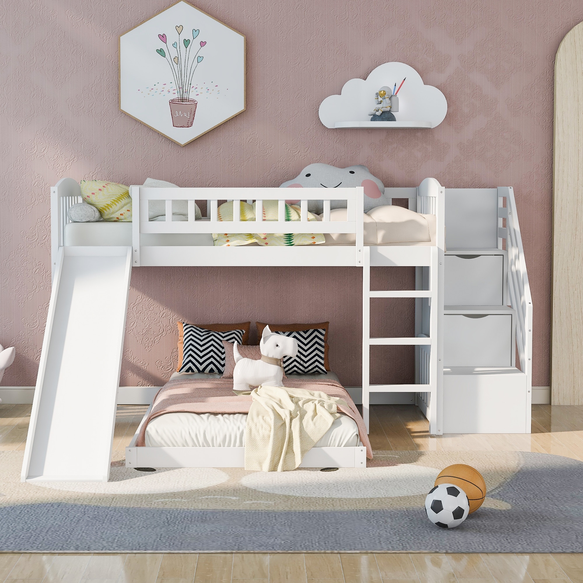 Twin over Twin Bunk Bed with Slide, Two Drawers, and Storage