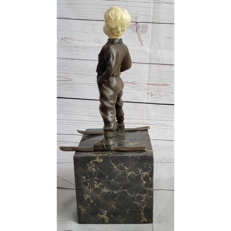 Little Boy Child On Skis Skiing Bronze Statue Sculpture Figurine On Marble Base