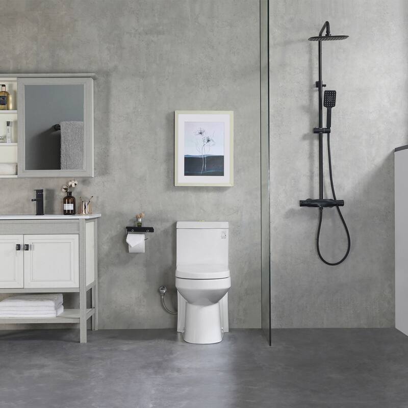 HOROW 1 Piece High Efficiency Dual Flush Toilet White 0.8 1.28 GPF Seat Included Brushed Gold Button - N/A - White