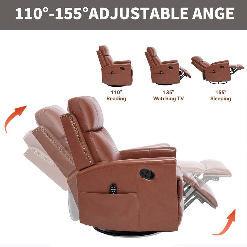 Roomfitters Genuine Leather Swivel Rocker Recliner, Manual Massage Glider with Heat and Top Grain Cowhide, Living Room