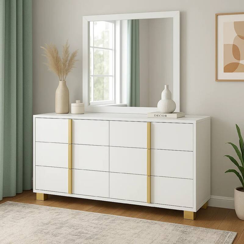 Dex Wide 6 Drawer Dresser with Mirror, Contemporary Gold Metal, White