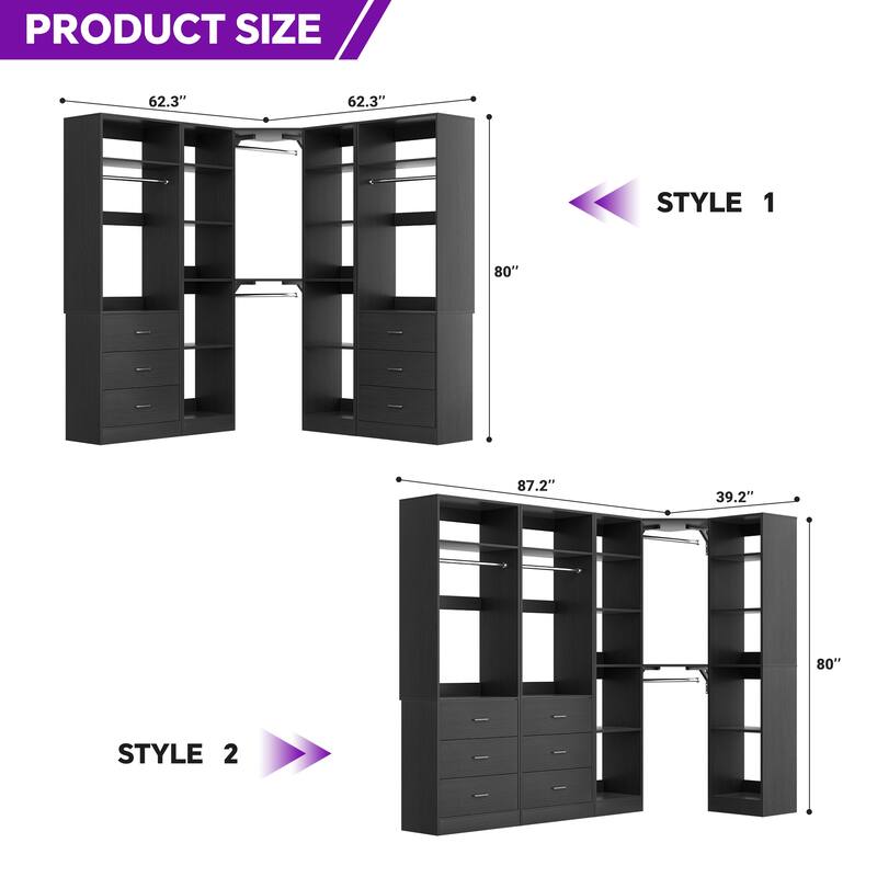 Corner Closet System with 6 Drawers & 4 Hanging Rods,Set of 3,Reversible Walk-in Closet Organizer System with Adjustable Shelves