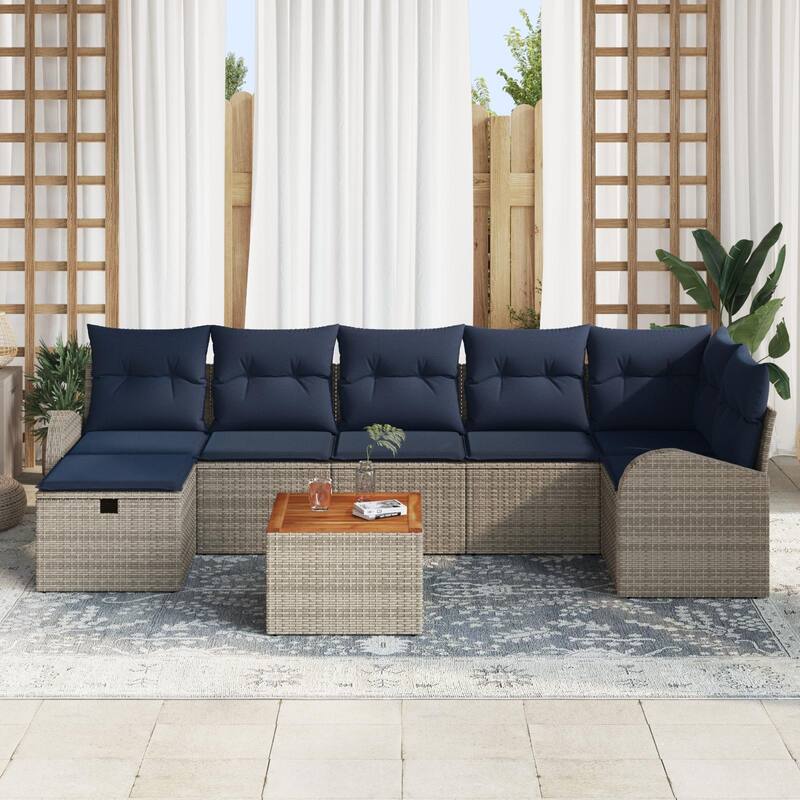 vidaXL 8 Garden Sofa Set with Cushions Black/Grey Poly Rattan - 113.8 x 48.8 x 27.2