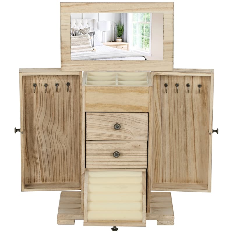 Jewelry Organizer with Mirror and 2 Drawers Wooden Jewelry Box for Rings Earrings Necklaces