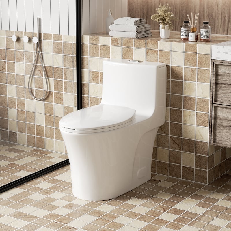 1.1/1.6 GPF Tornado Flush One-Piece Toilet Elongated, Siphonic S-trap 12",Button on Tank top,Chair Seat ADA Height 17" - Gloss White