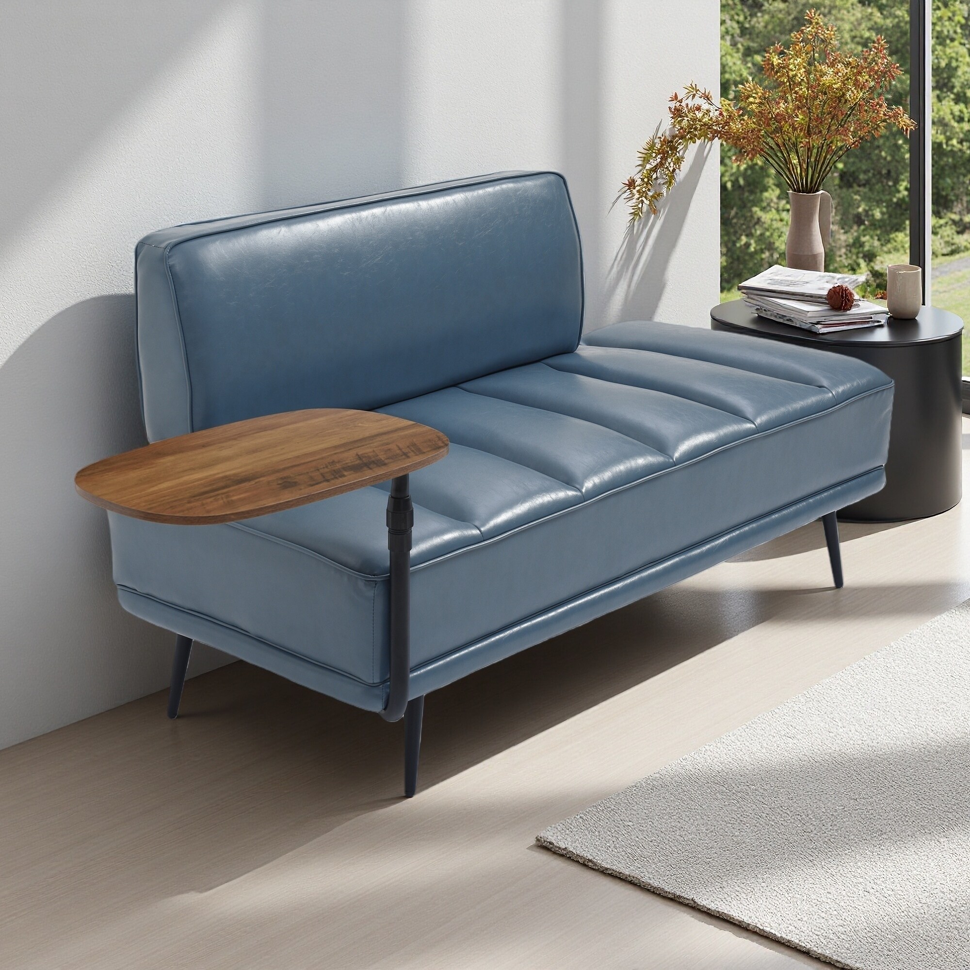 55"L End of Bed Bench Faux Leather Upholstered with Side Table, Swivel Tray Couch, Entryway Ottoman Window Bench with Metal Legs