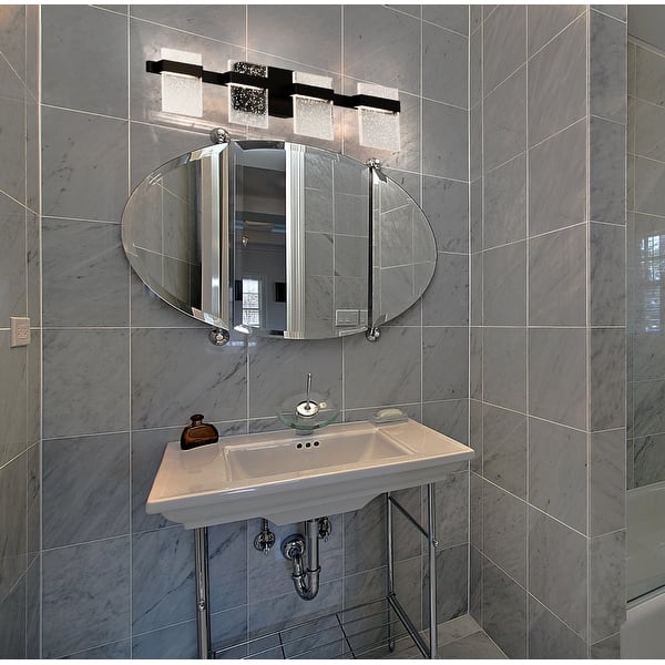 slide 2 of 3, Madrona 4-light LED Bath and Vanity Light with Clear Seedy Acrylic Black