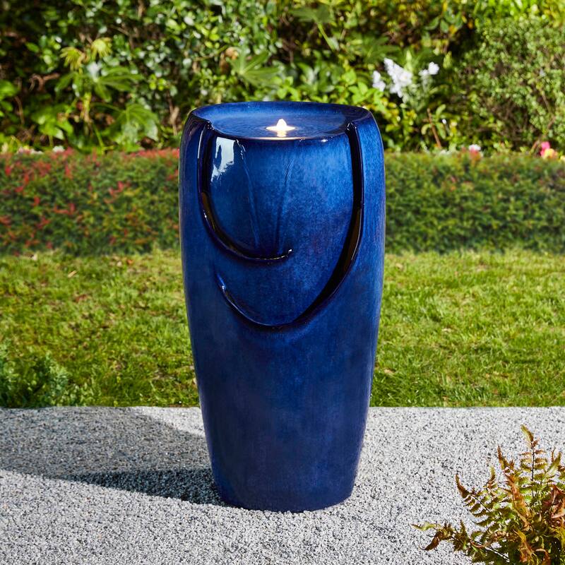 Glitzhome 30"H Oversized LED Ceramic Fountain - Blue