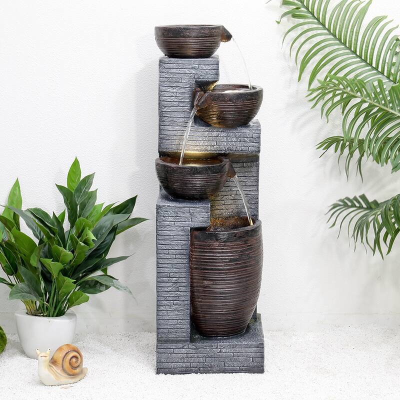 5-Tier Outdoor Fountain Floor Standing Cascading Fountain w/LED Lights - Polyresin - Floor/Lighted - Grey