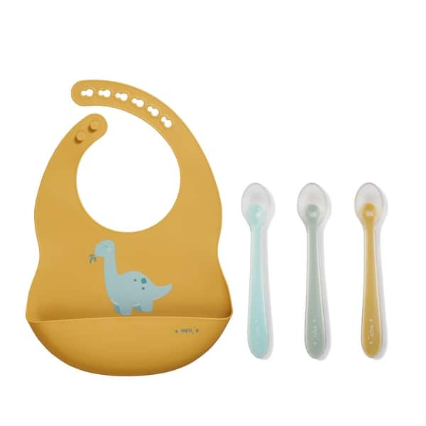 slide 2 of 6, Saro Wild Dinosaur Silicone Spoons & Bib Set
