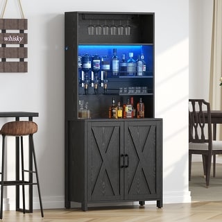 Wine Bar Cabinet With RGB Light And Outlet, Freestanding Wine Rack