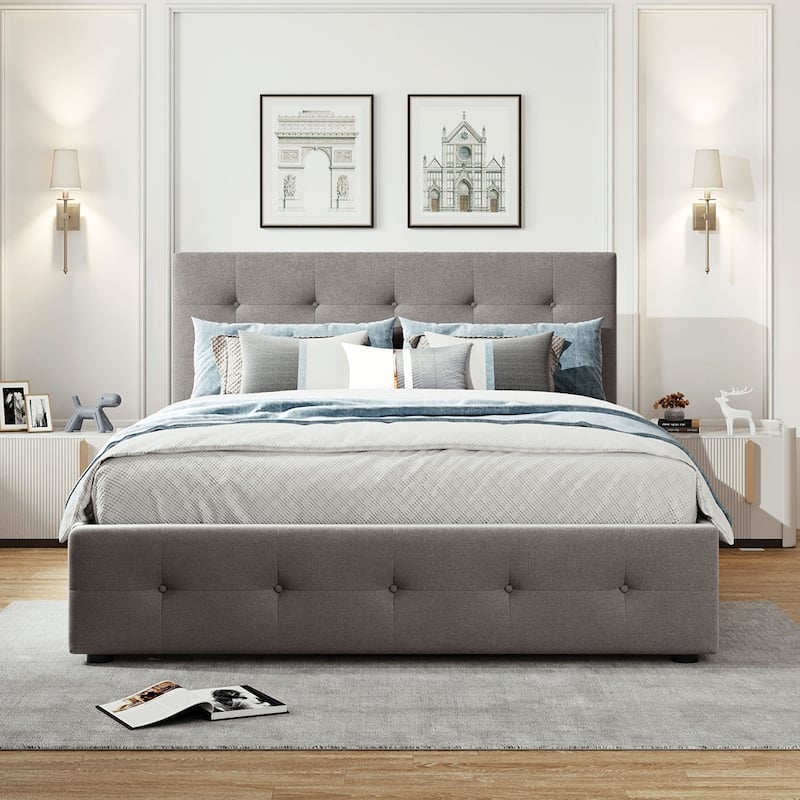 Upholstered Platform Bed with 2 Drawers and 1 Twin XL Trundle - Light Gray