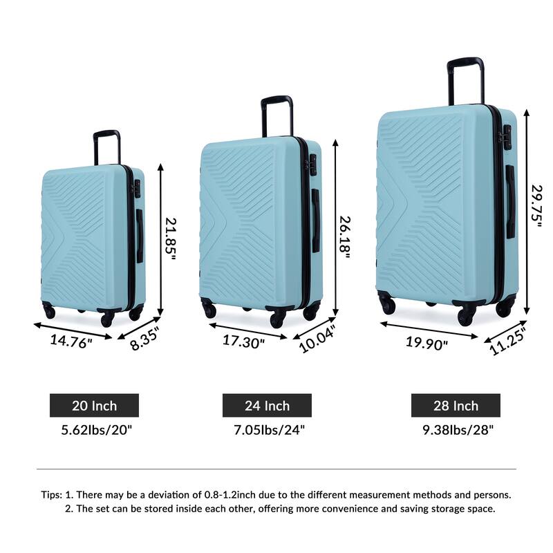 3 Piece Luggage Sets ABS Lightweight Suitcase with Two Hooks, Spinner Wheels, TSA Lock, (20/24/28) - Green