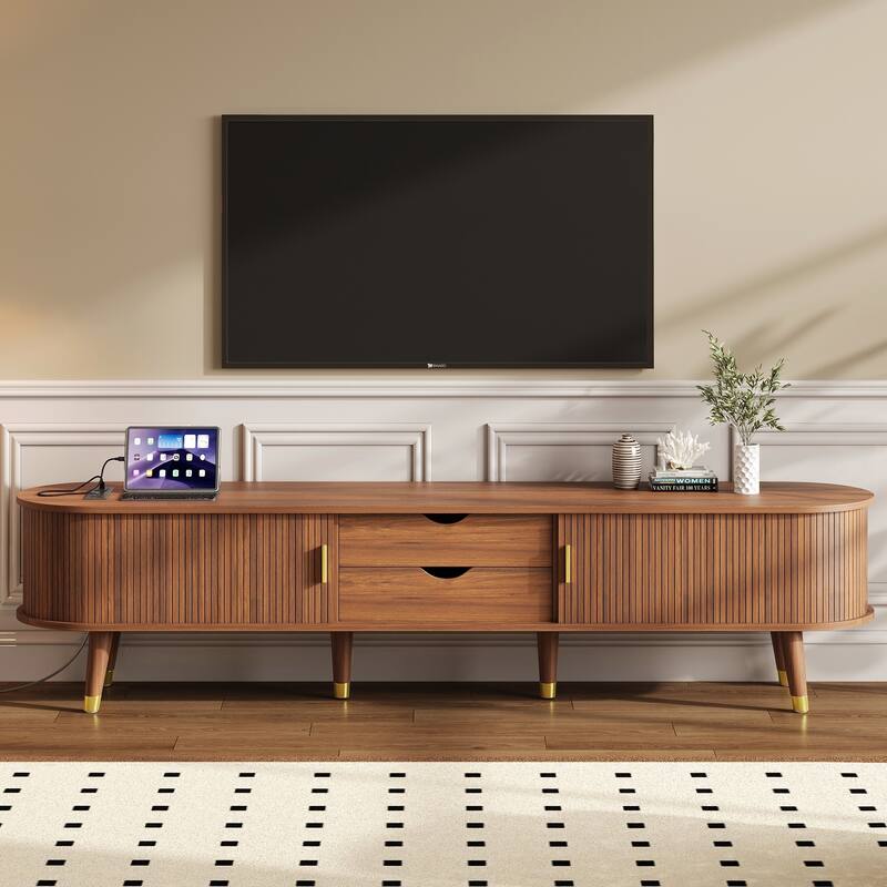 Wooden Oval Fluted TV Stand with Charging Station for TV up to 80", Mid-Century Media Console with Sliding Tambour Door - Natural
