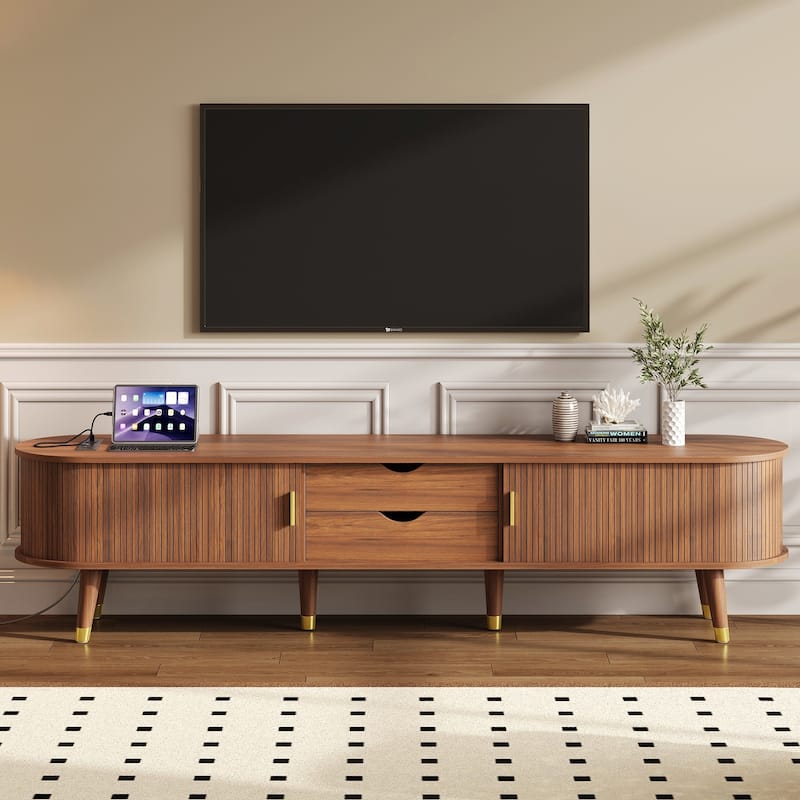 Wooden Oval TV Stand with Charging Station for TV up to 80", Mid-Century Media Console with Sliding Tambour Door for Living Room - Walnut