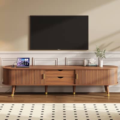 Wooden Oval TV Stand with Charging Station for TV up to 80", Mid-Century Media Console with Sliding Tambour Door for Living Room