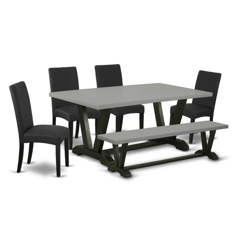 Modern 6-Piece Kitchen Dining Set - Rectangular Table, 4 Chairs, Bench - Black & Cement Finish