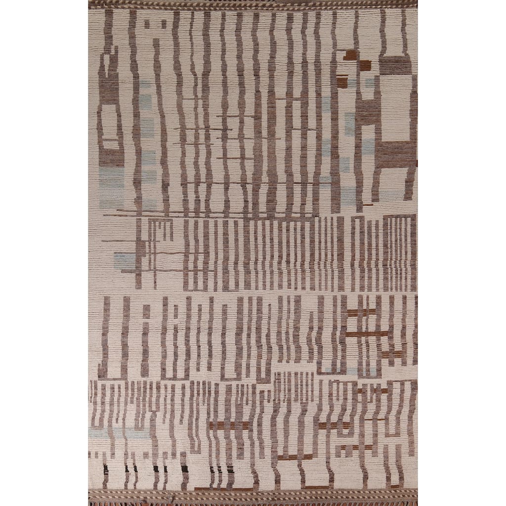 Earth Tone Moroccan Modern Area Rug Hand-Knotted Stripe Wool Carpet - 8'9" x 12'4"