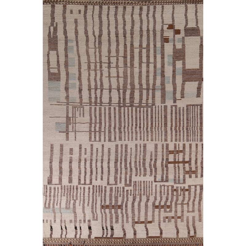 Earth Tone Moroccan Modern Area Rug Hand-Knotted Stripe Wool Carpet - 8'9" x 12'4"