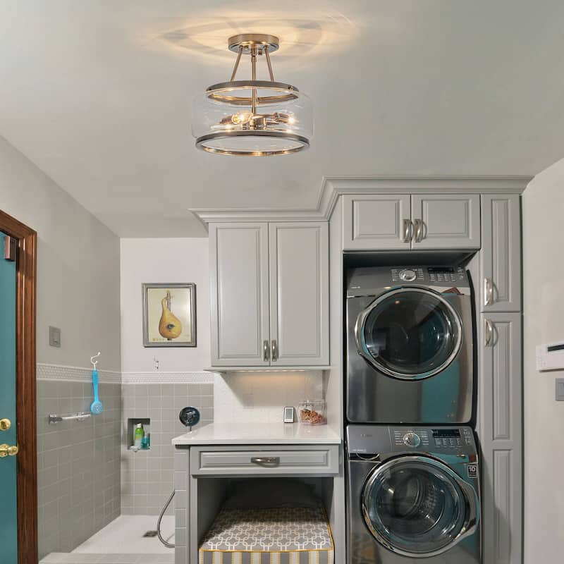 3-Light Industrial-style Black Lantern Glass Semi Flush Mount