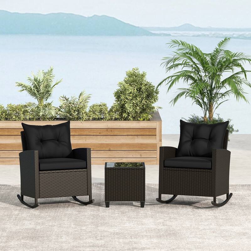 Gymax Set of 3 Wicker Rocking Set w/ Tempered Glass Table Patio - Black