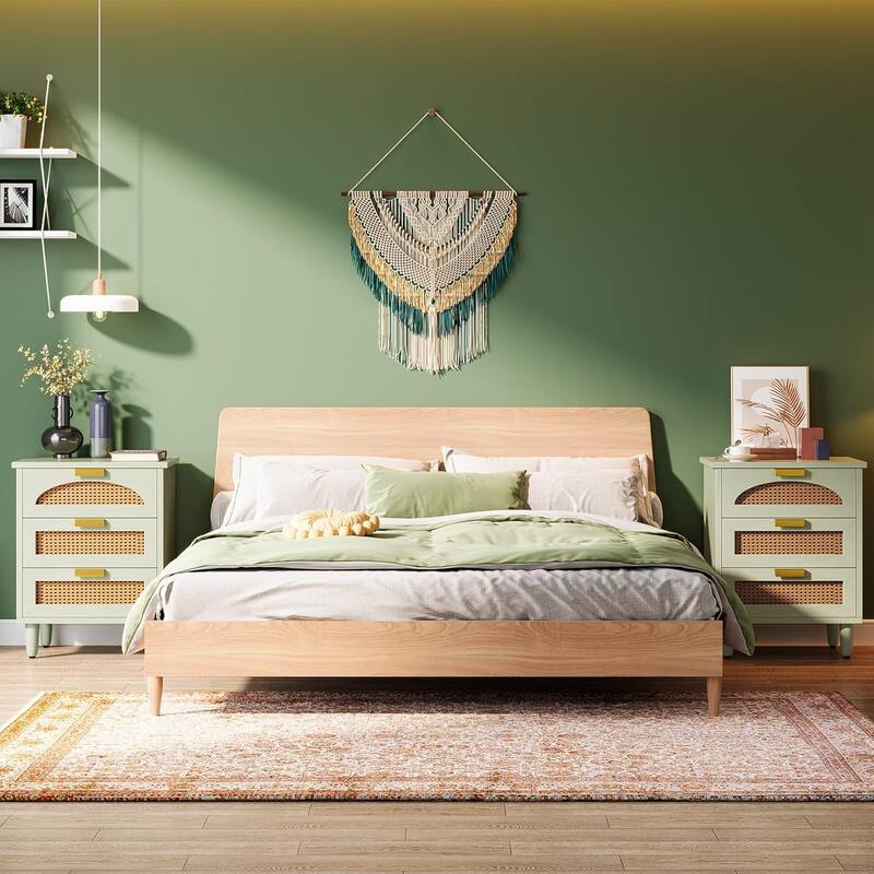 Rattan Nightstand, 3-Drawer Storage Bedside/End Table for Bedroom, Living Room, Sofa Side & Office