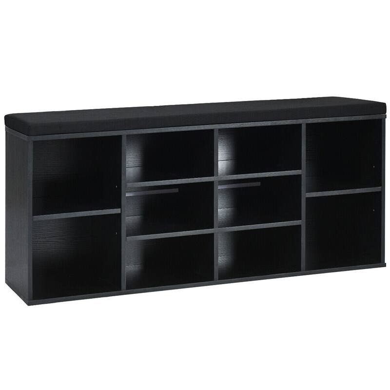 Gymax Entryway Padded Shoe Storage Bench 10-Cube Organizer Bench - 41'' x 12'' x 19'' - Black